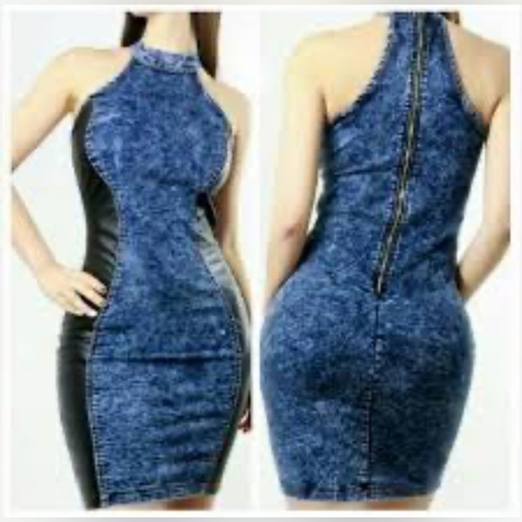 Vibrant MIU Y2K Bodycon Acid Wash Side Contrast Denim Dress S - Picture 1 of 16